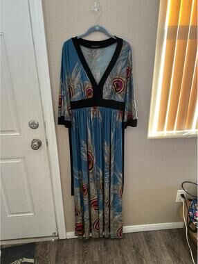 Janette Fashion Blue Boho Maxi Dress with Peacock Feather Print Size L